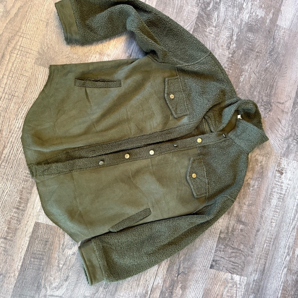 Olive Green Sherpa Jacket with Gold Buttons
